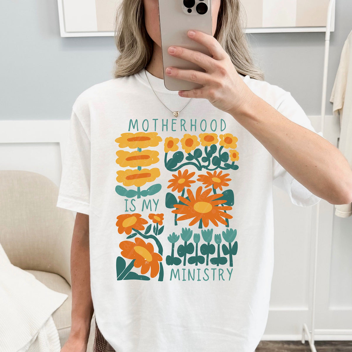 Motherhood is my ministry (three flowers on top left) (dark teal cream orange) DTF Transfer