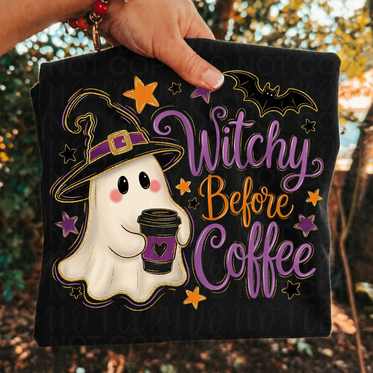 Witchy before coffee purple orange lettering ghost with witch hat and coffee    (UAC) DTF Transfer