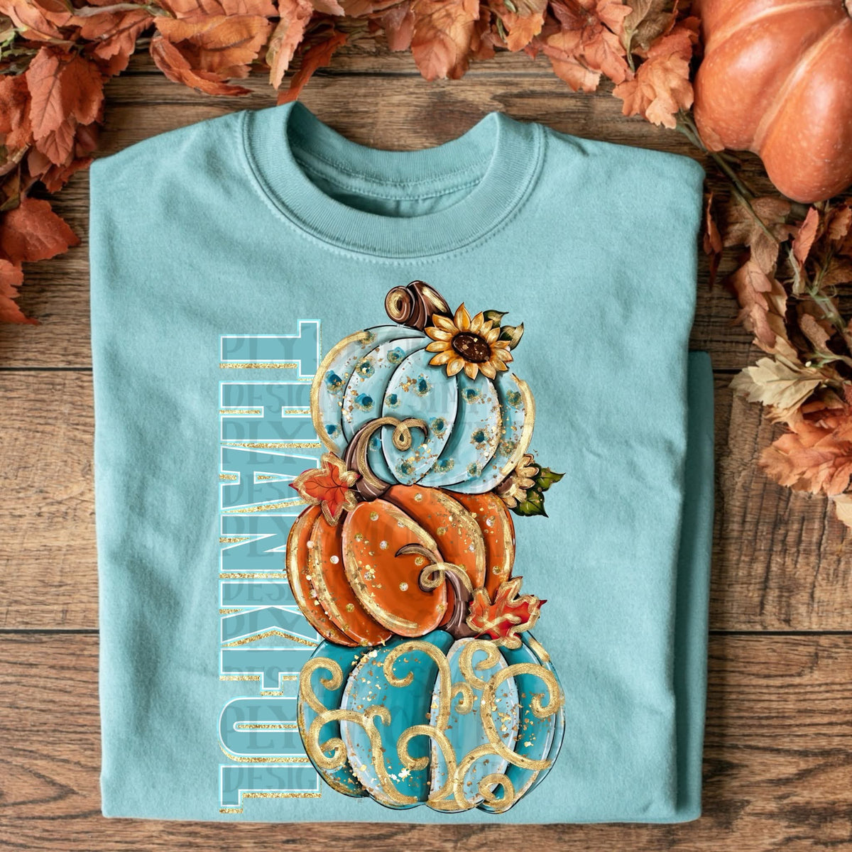 Thankful beside stacked pumpkins Sunday Special DTF transfer