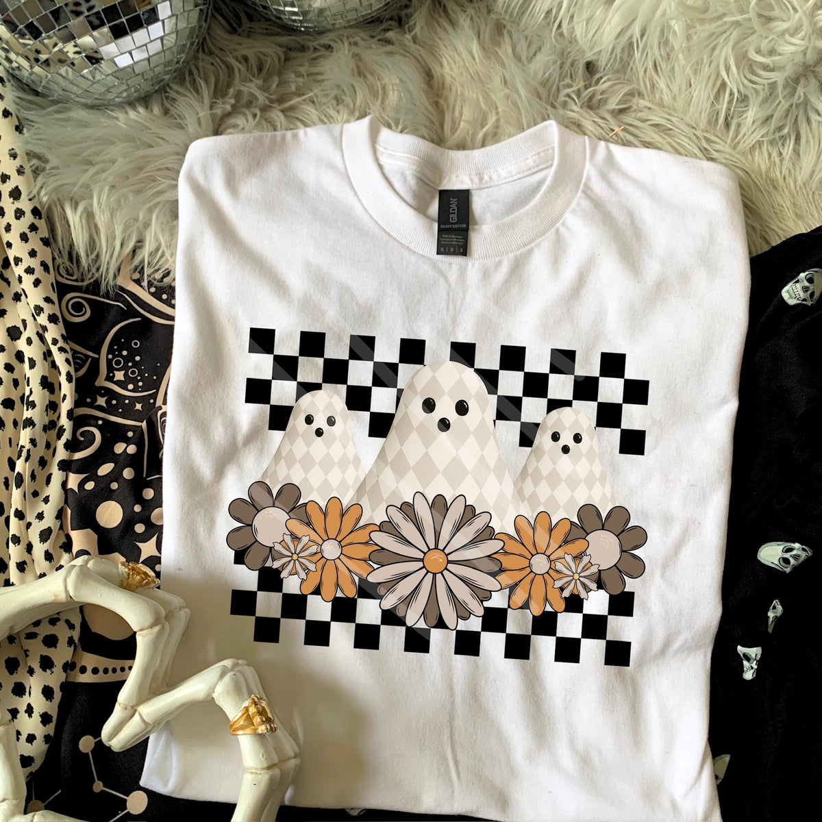 3 Diamond Ghosts with flowers and checker 110727 DTF transfer