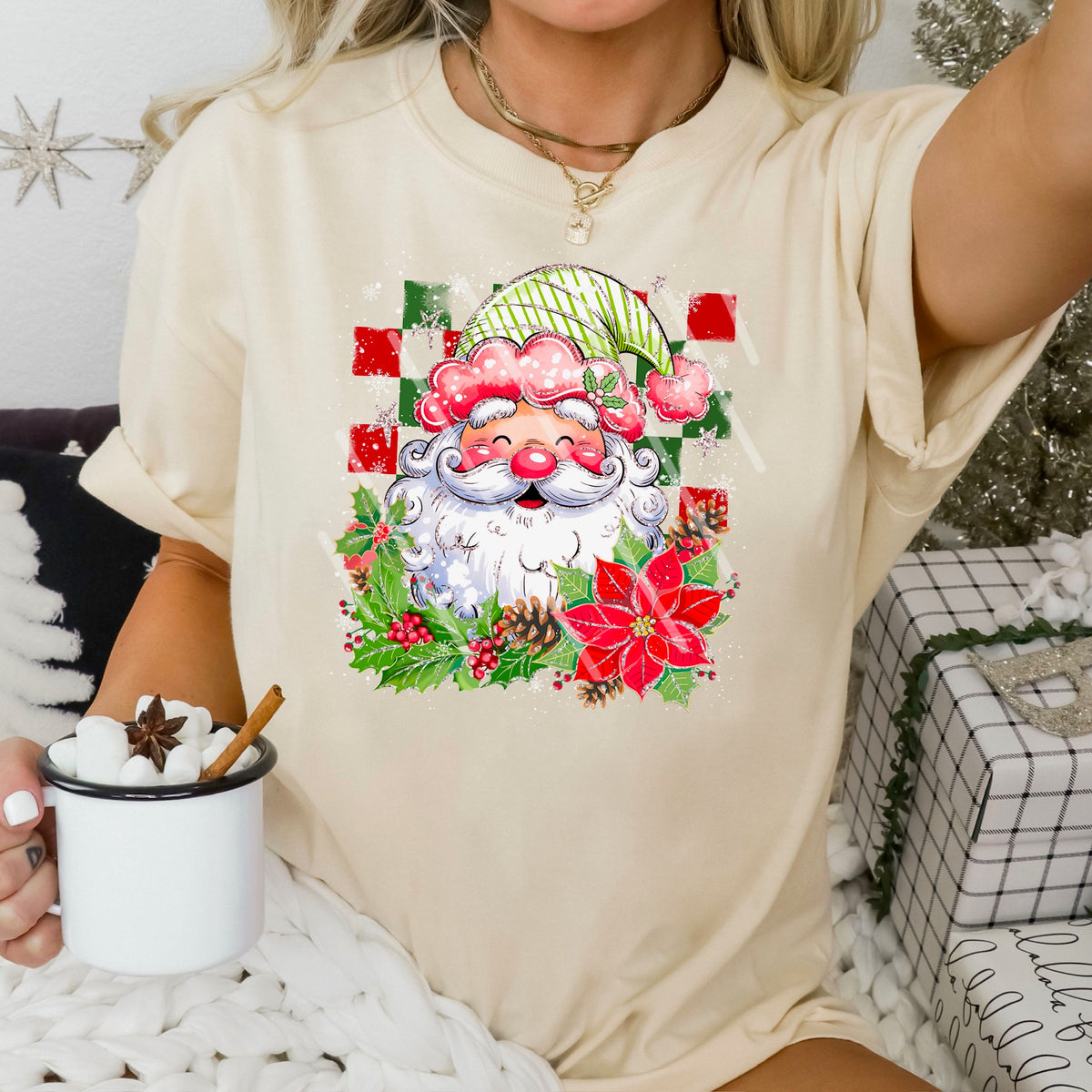 Santa witch checker pinecones and pointsetta 113680 DTF Transfer