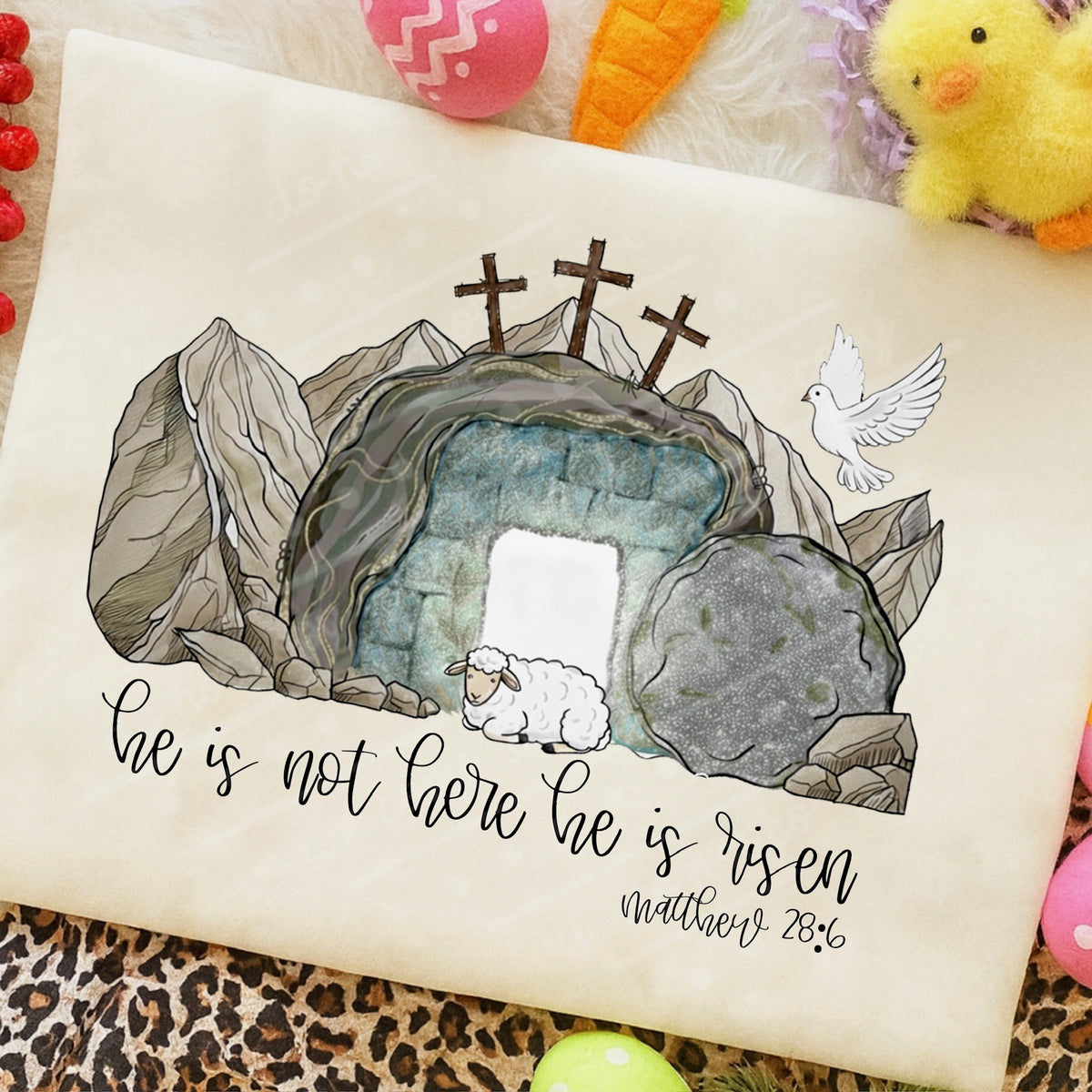 He is risen tomb with crosses Sunday special DTF transfer