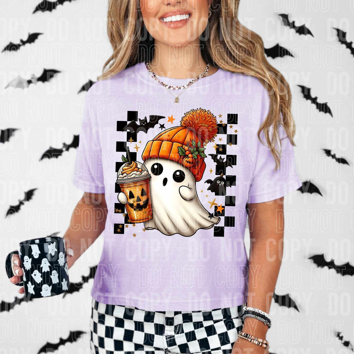 Ghostie with latte black checkered bordered (SBB) DTF transfer