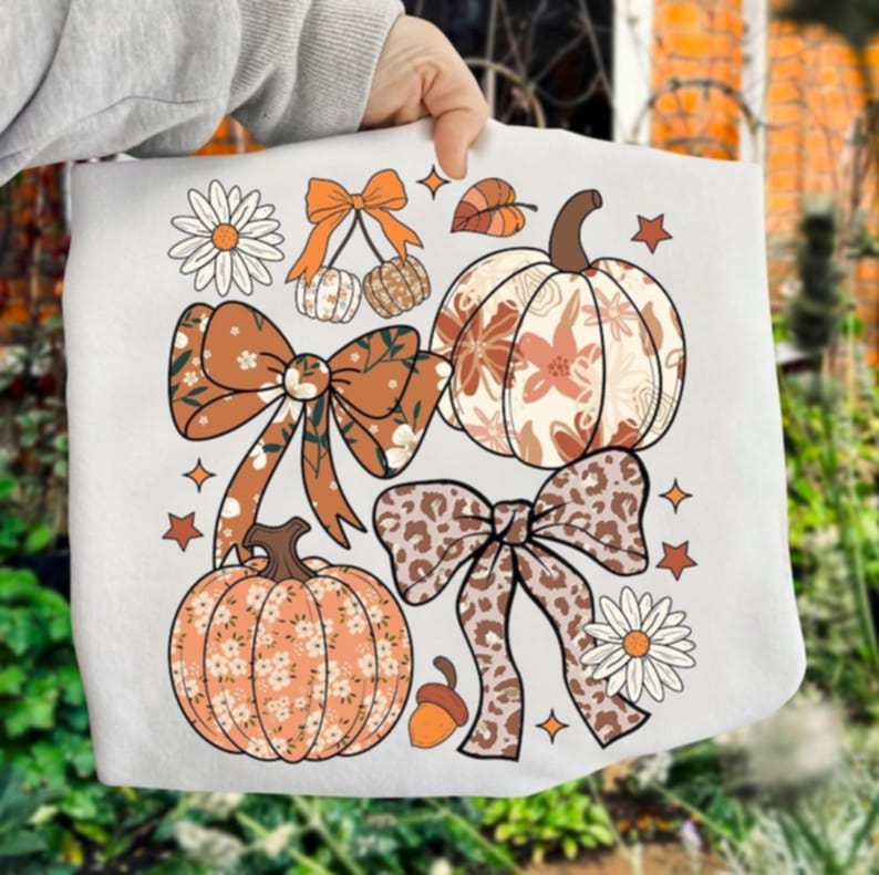 Floral patterned pumpkins and bows DTF transfer