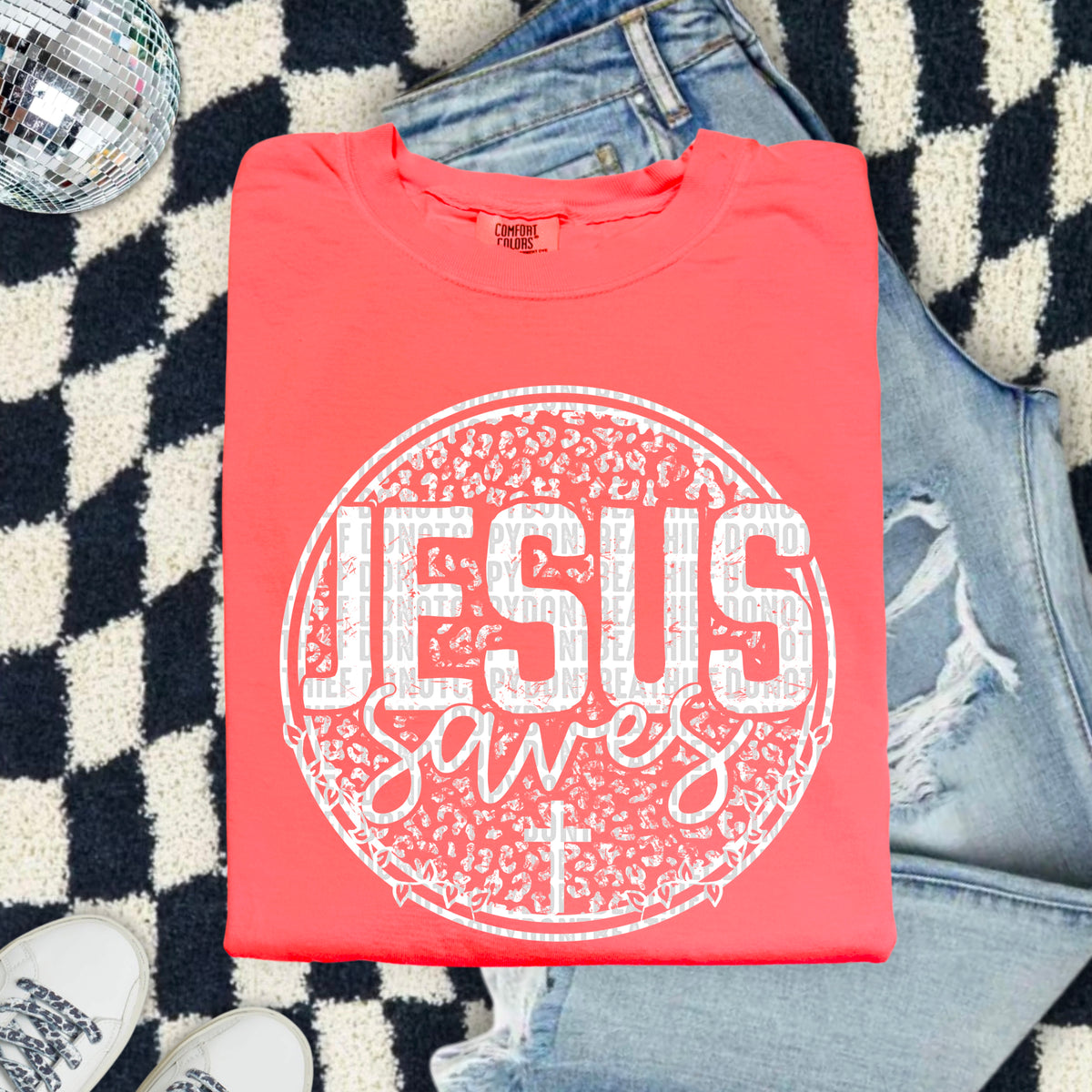 Jesus saved circle WHITE 103397 DTF transfer