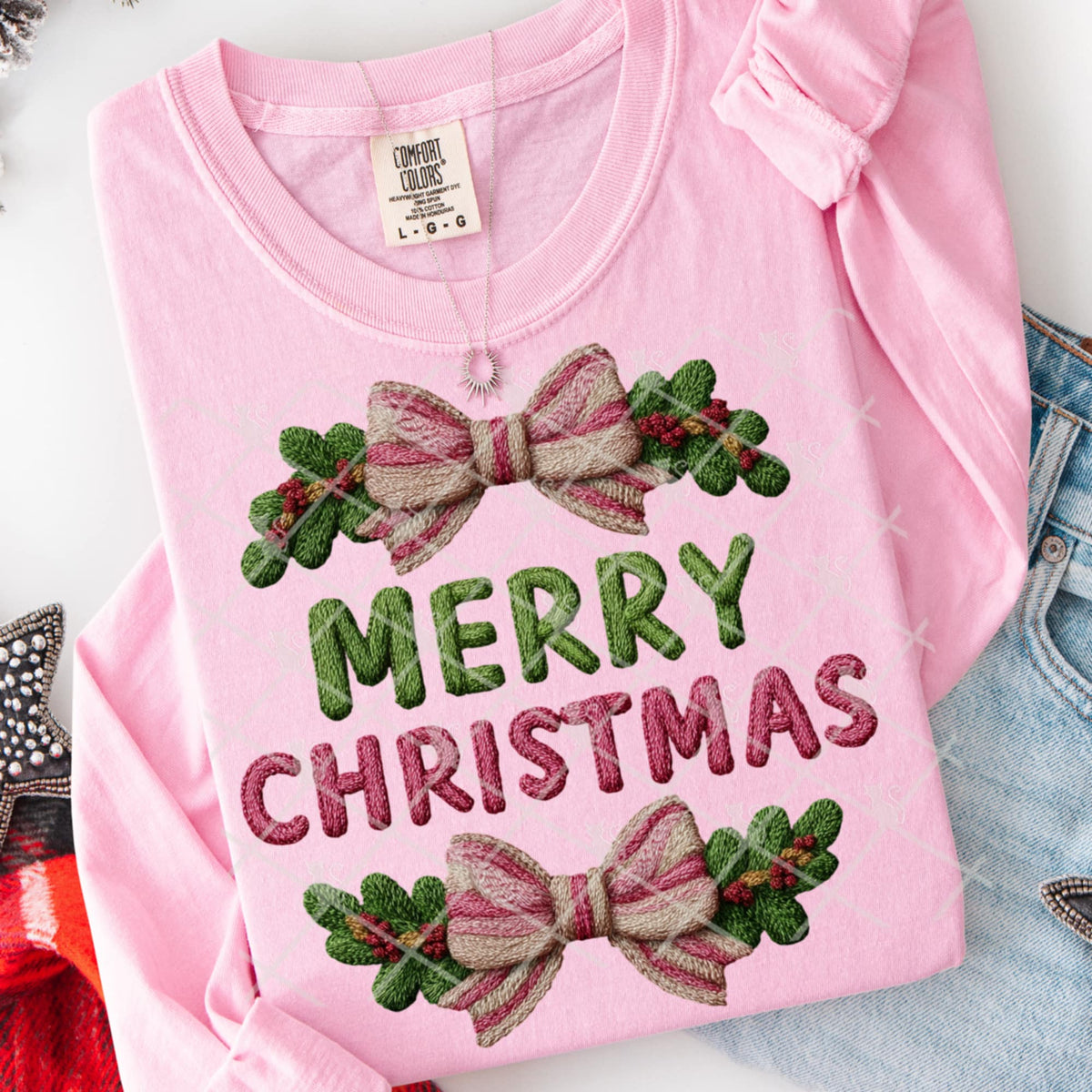 Merry Christmas bow Holly faux yarn (TTD) DTF Transfer