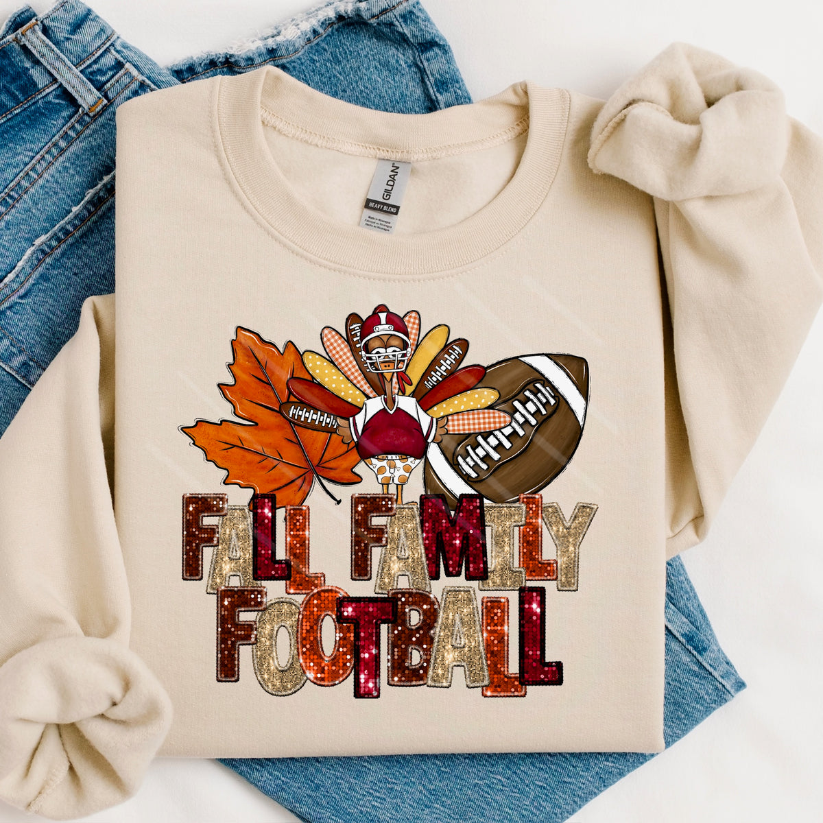 Fall Family Football with turkey and football faux sequins 111820 DTF transfer