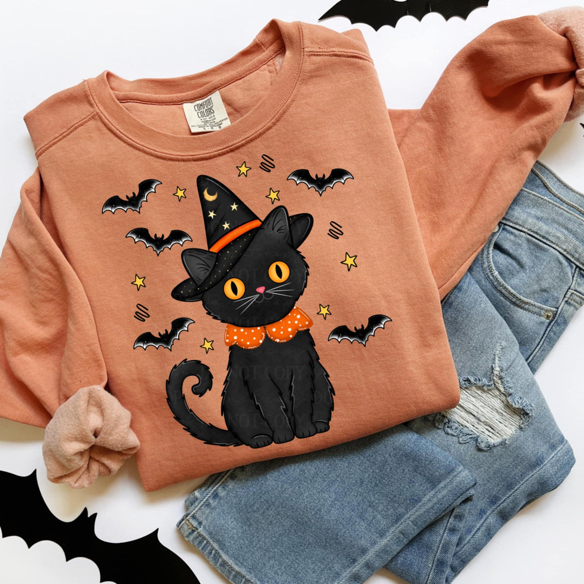 Black Cat with witch hat and bats  (abd) DTF transfer