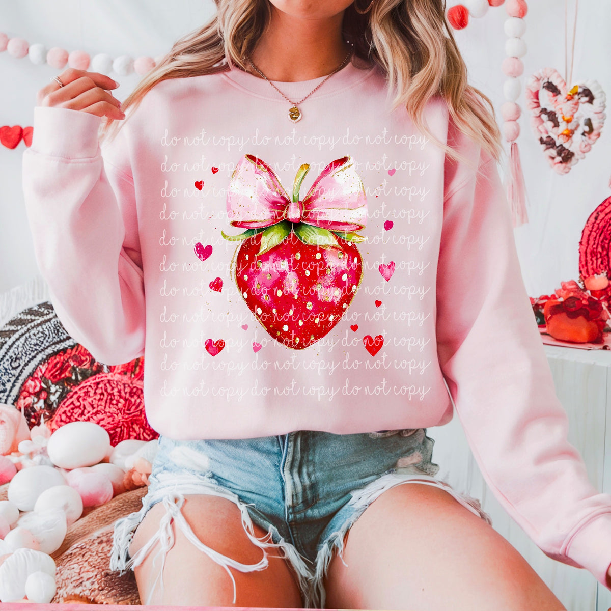 Strawberry with hearts and pink bow 116767 DTF transfer