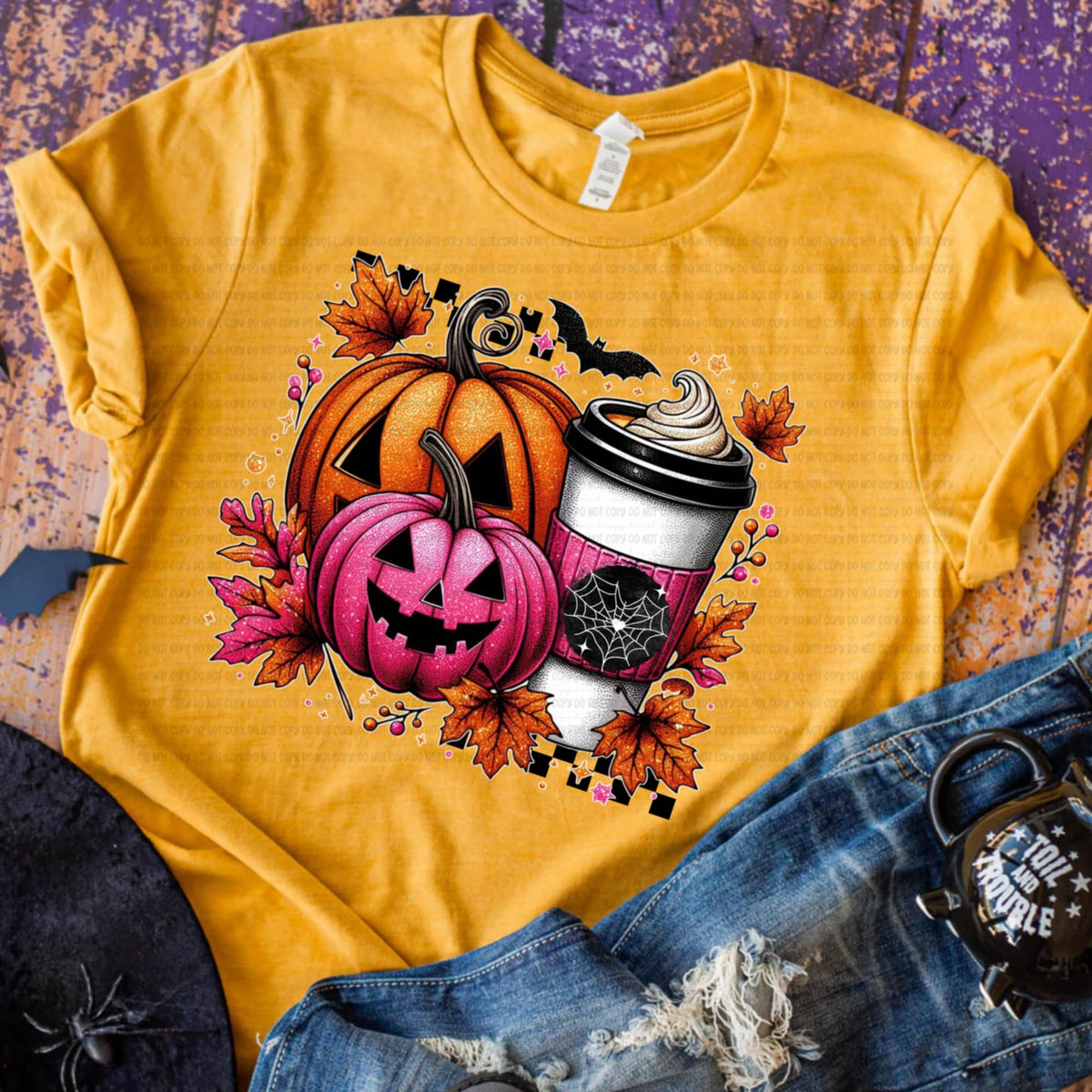 Pink and Orange Pumpkins with coffee bats and checker (revel) DTF transfer