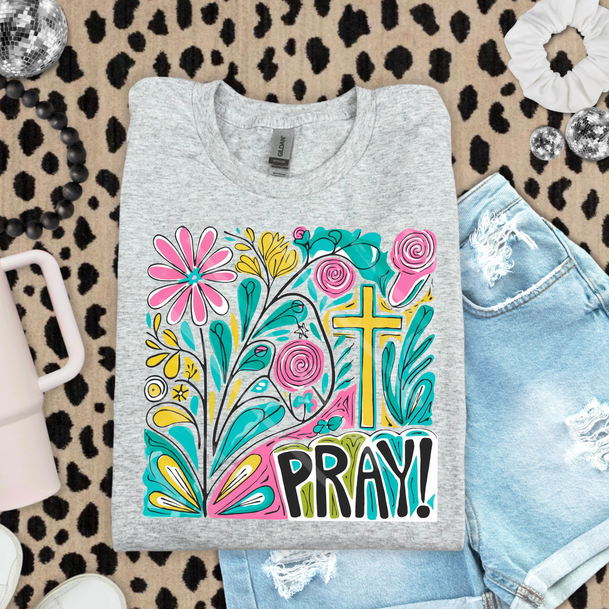 Pray Pink Yellow Teal Abstract Florals 110875 DTF transfer
