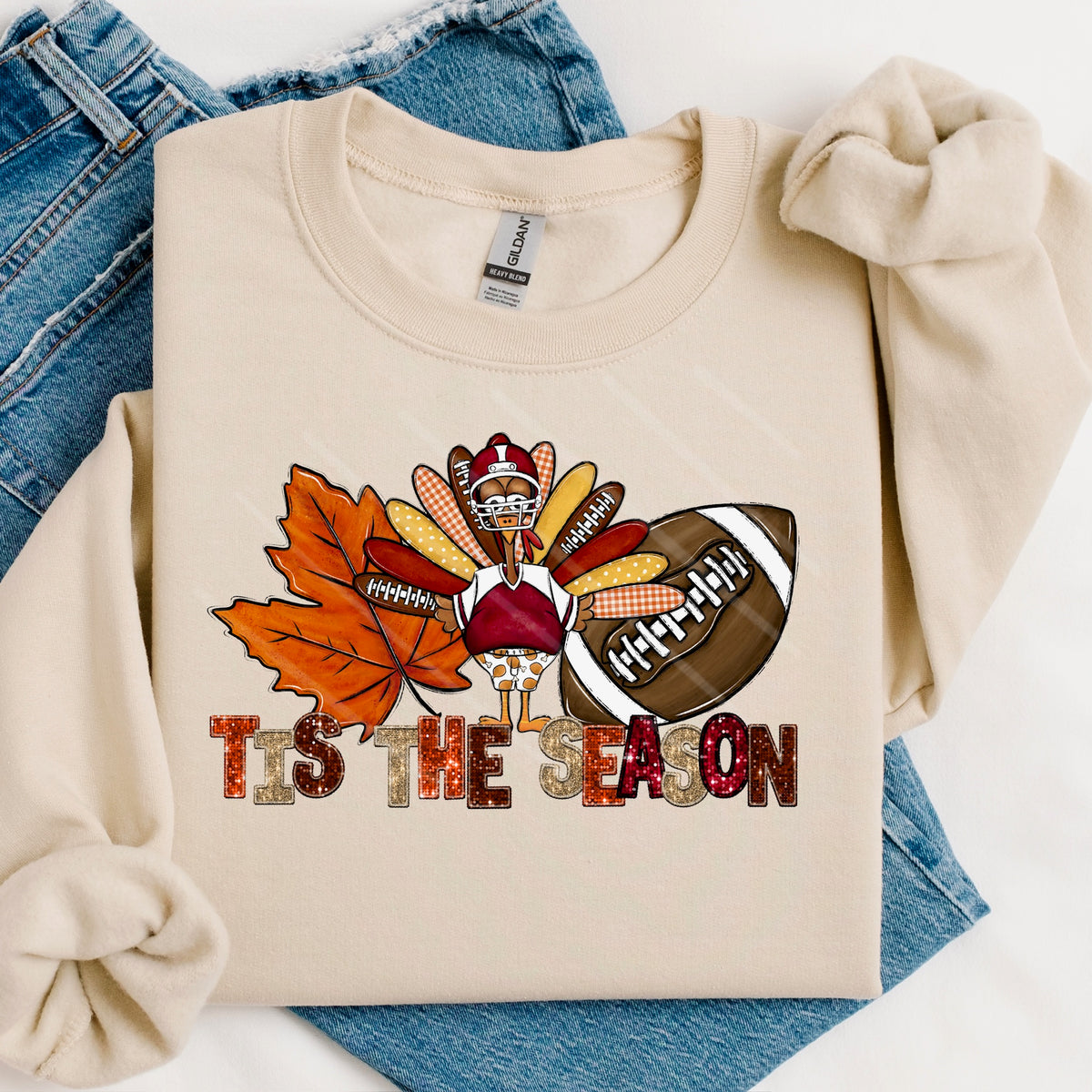 Tis The Season football and turkey faux sequins 111827 DTF transfer