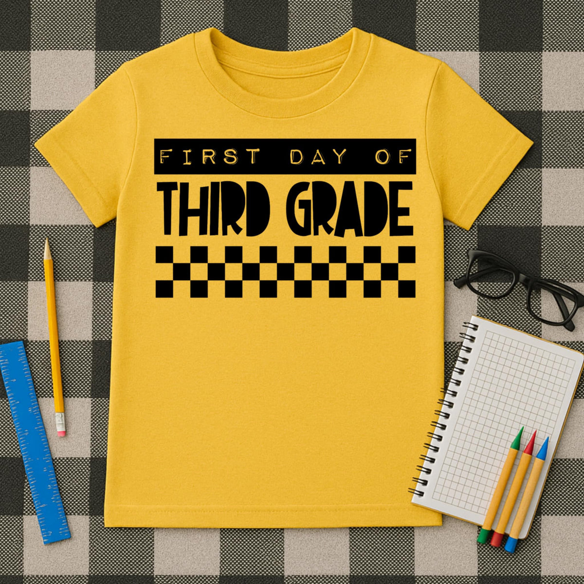 First Day Third Grade Block Letters and Checker BLACK DTF transfer