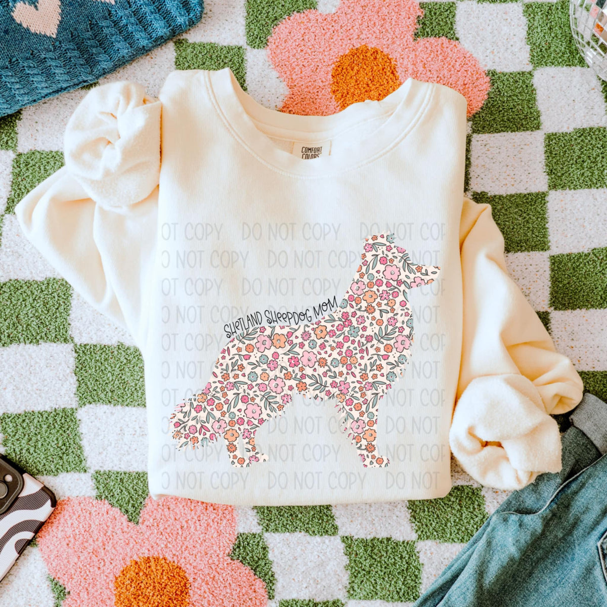 Shetland sheepdog mom floral puppy (SWD) 85327 DTF transfer