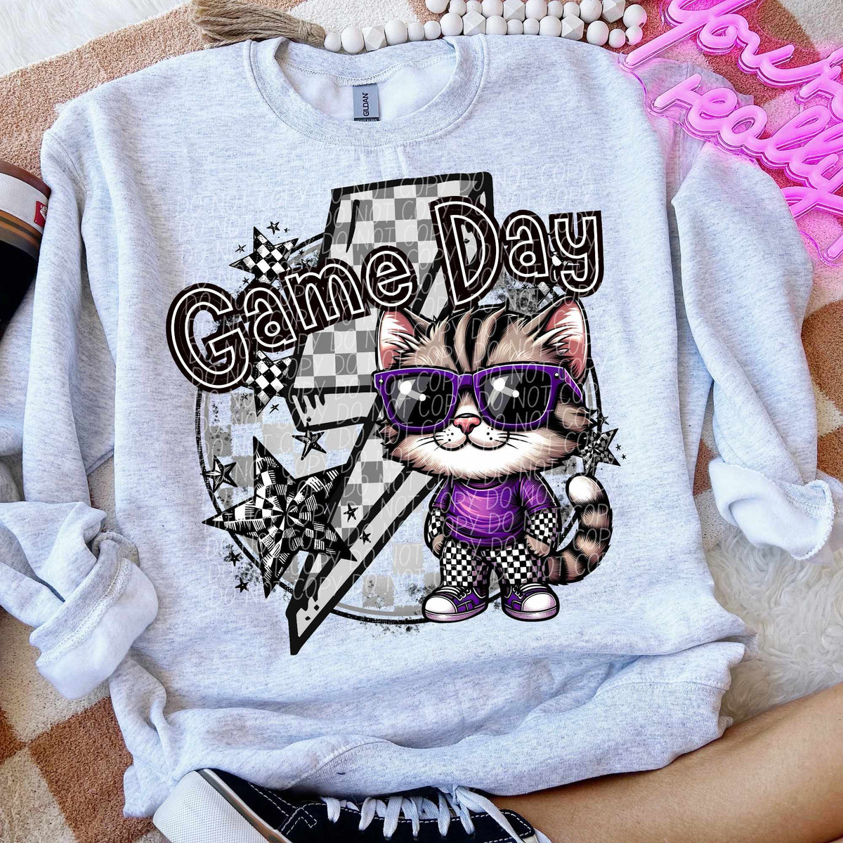 Game day grey cat purple shirt lightning bolt (CITY) 52527 DTF transfer