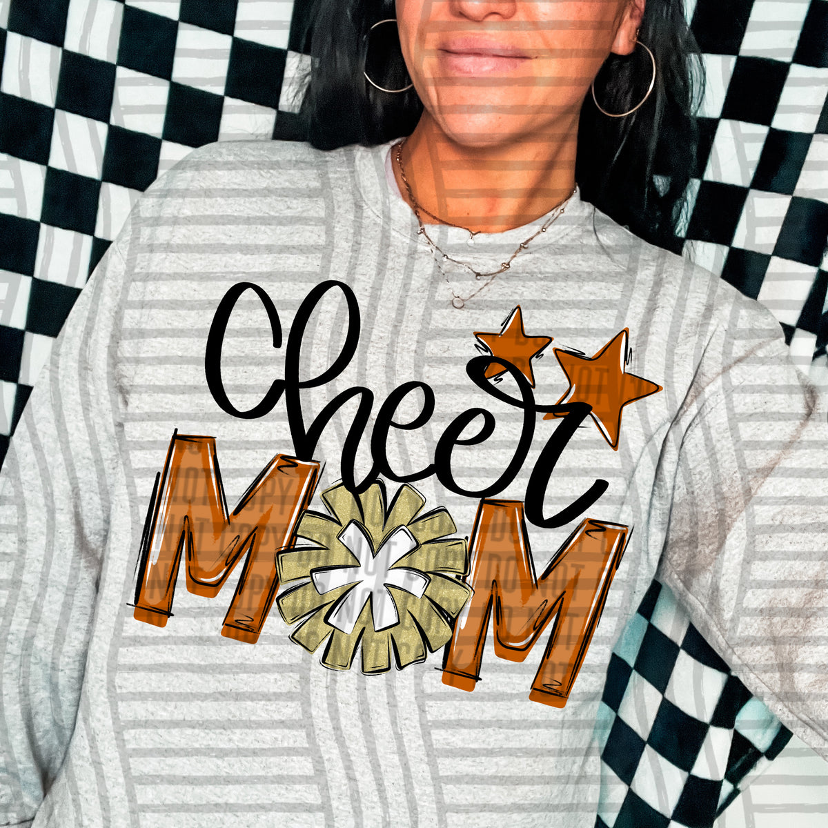 cheer mom burnt orange with gold pompom and stars (Caplinger) DTF transfer