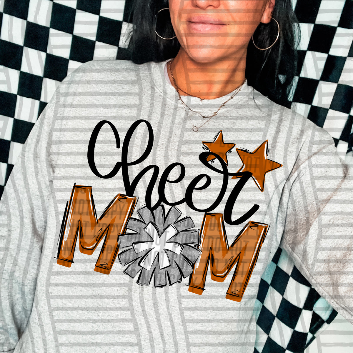 cheer mom burnt orange with silver pompom stars (Caplinger) DTF transfer