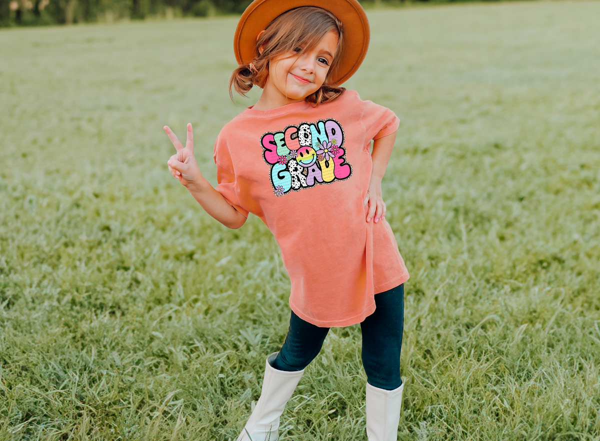 Second grade retro with happy face GIRL DTF transfer
