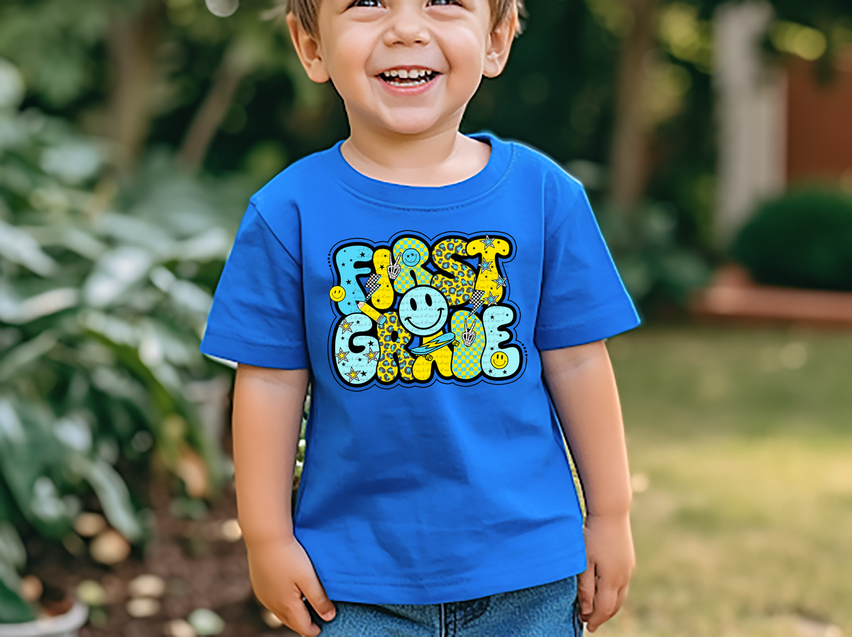 First grade retro happy face BLUE BOY DTF transfer