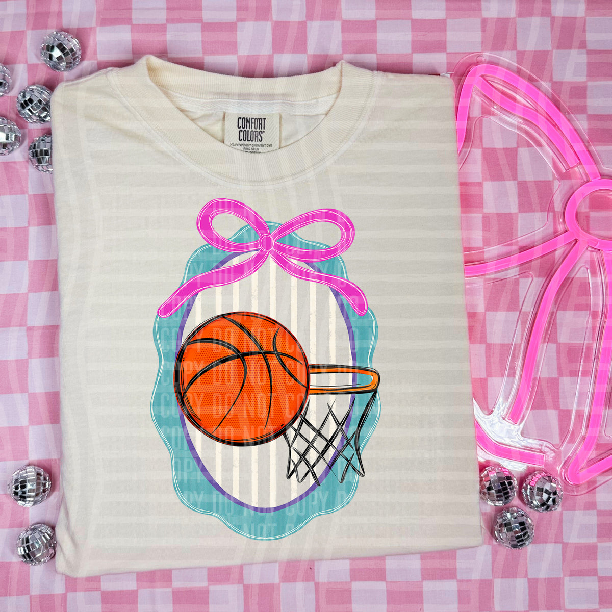 Basketball oval frame PINK bow (Caplinger) DTF Transfer