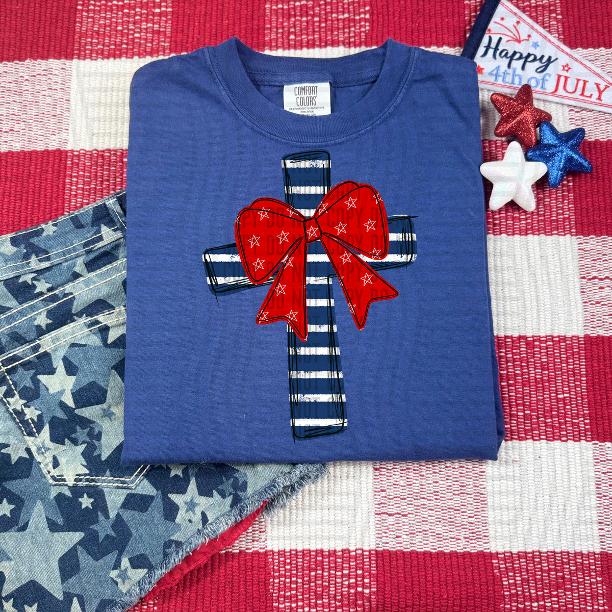blue and white cross with red bow (caplinger) DTF Transfer