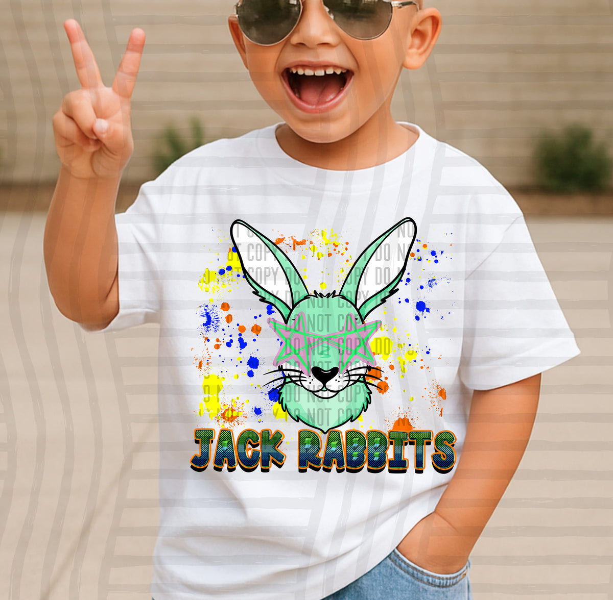 jack rabbits paint splatter boy blue green and yellow (Caplinger) DTF Transfer