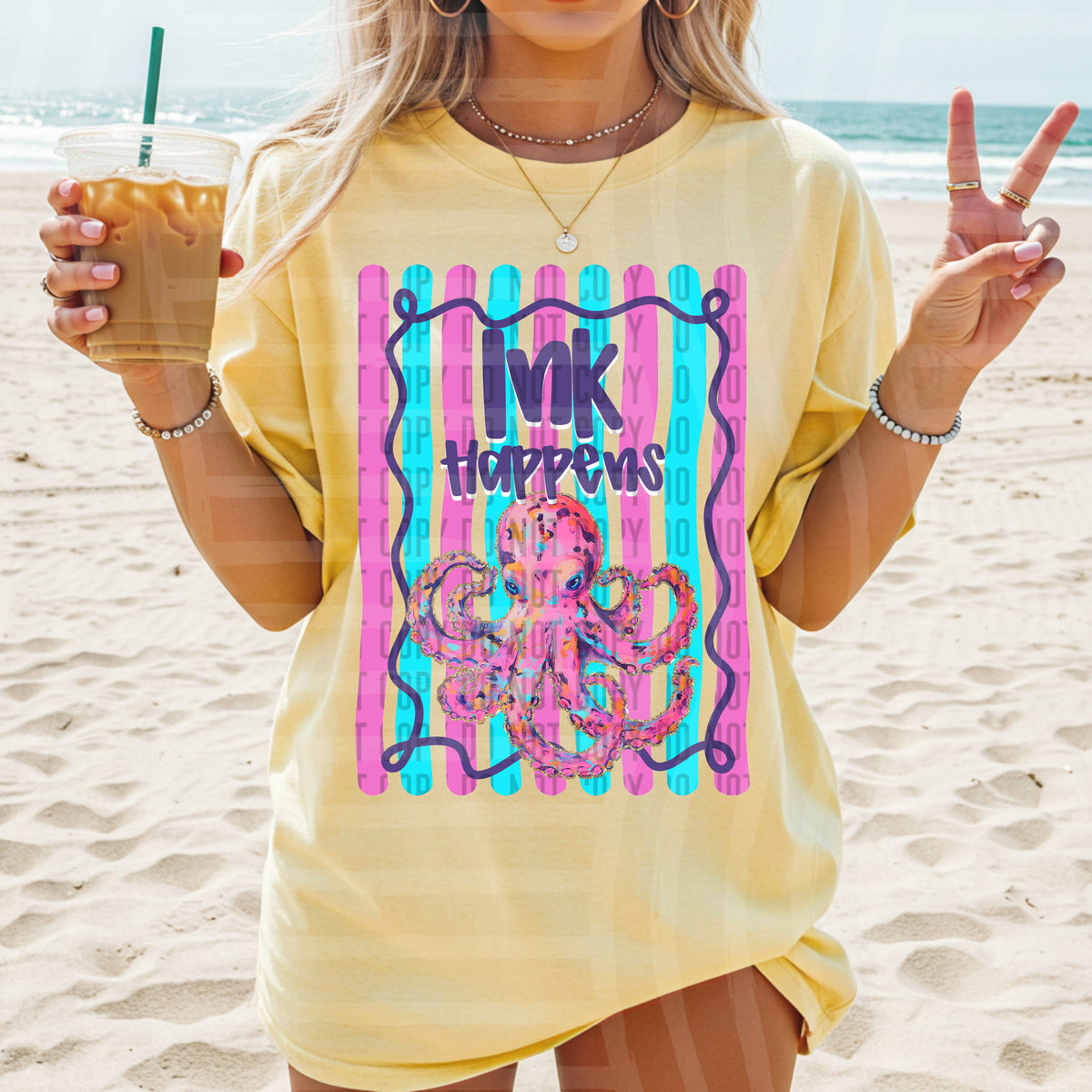 ink happens octopus pink and blur striped background with dark purple squiggle boarder (caplinger) DTF transfer