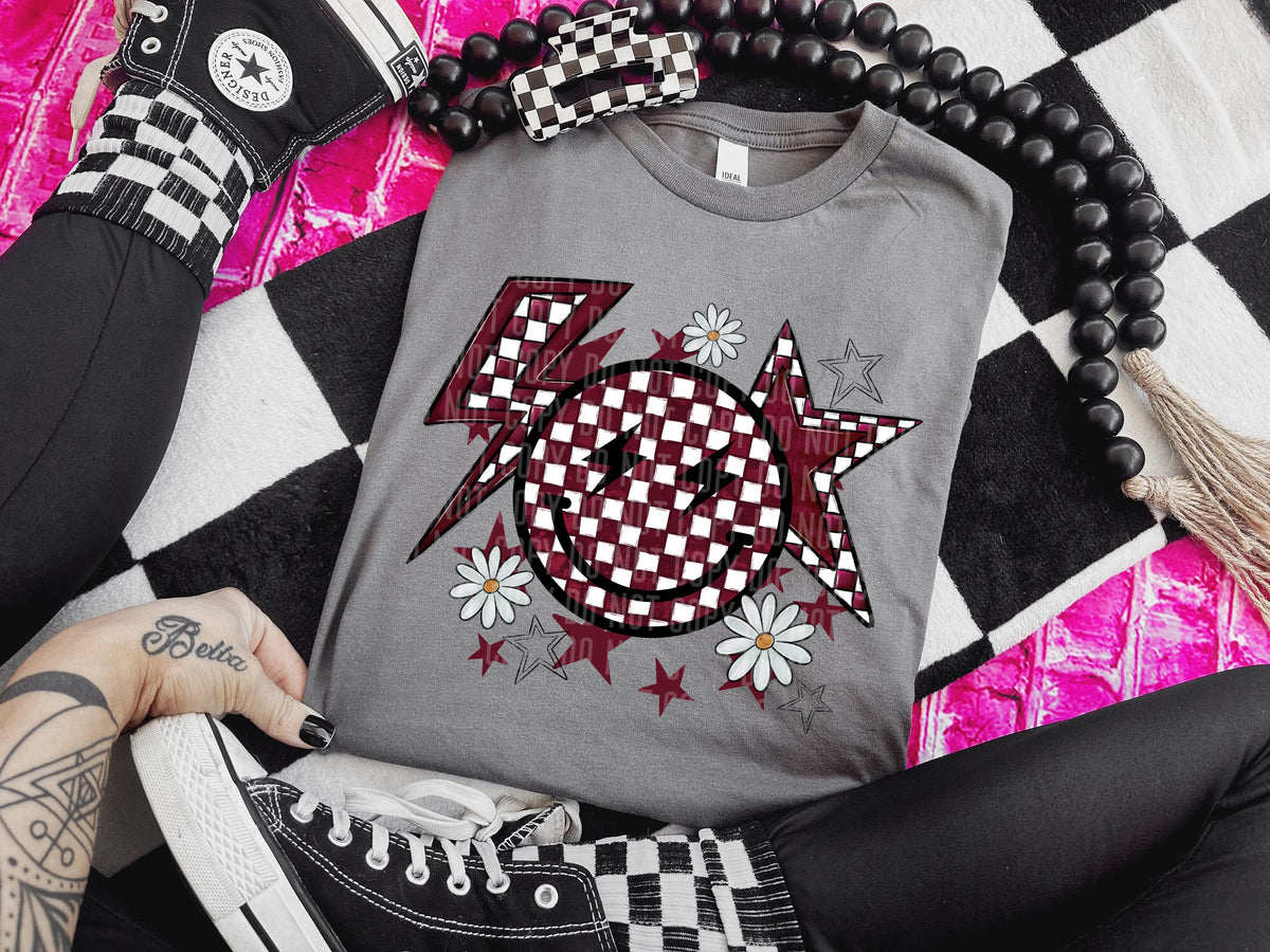 Checkered Smiley Bolt and Star MAROON (Caplinger) DTF transfer