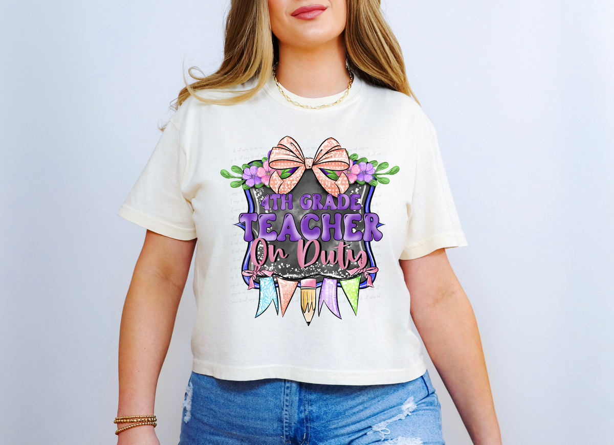 4th Grade Teacher On Duty Purple Frame with Bow and Pencil 115642 DTF Transfer