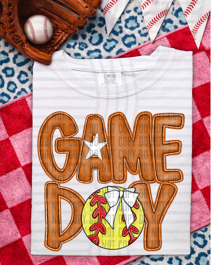 burnt orange game day baseball with white bow (Caplinger) DTF Transfer