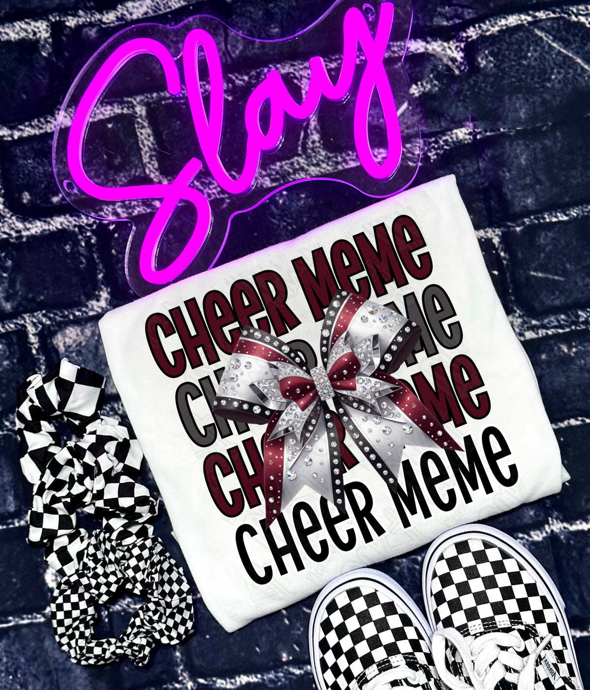 Cheer meme maroon stacked with bow (Ink) DTF Transfer