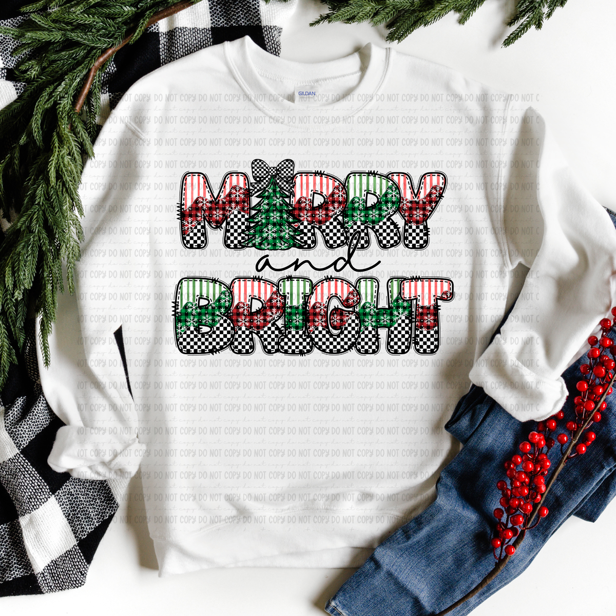 Merry and Bright stripe plaid and checker (revel) DTF Transfer