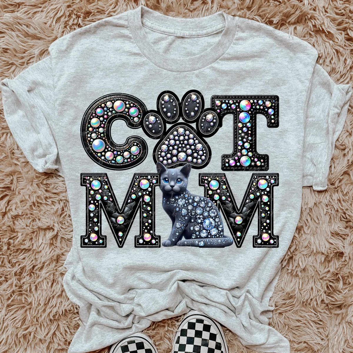 Grey blue eyes Cat mom rhinestone 49212 DTF transfer
