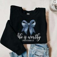 She is worthy blue bow white font 73851 DTF transfer