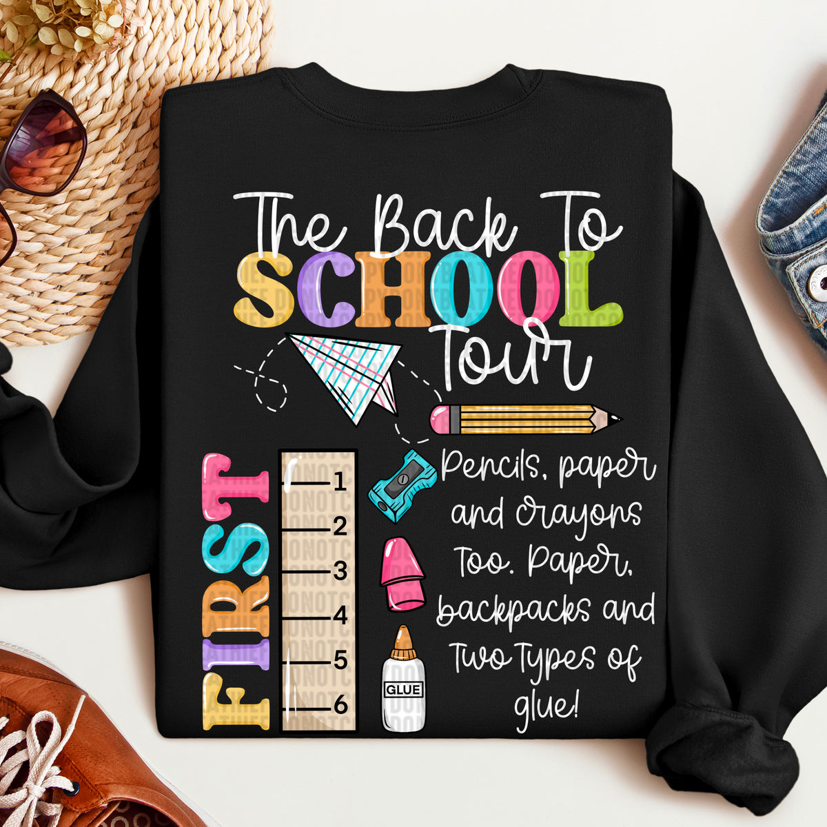 The back to school tour FIRST white font 109775 DTF transfer