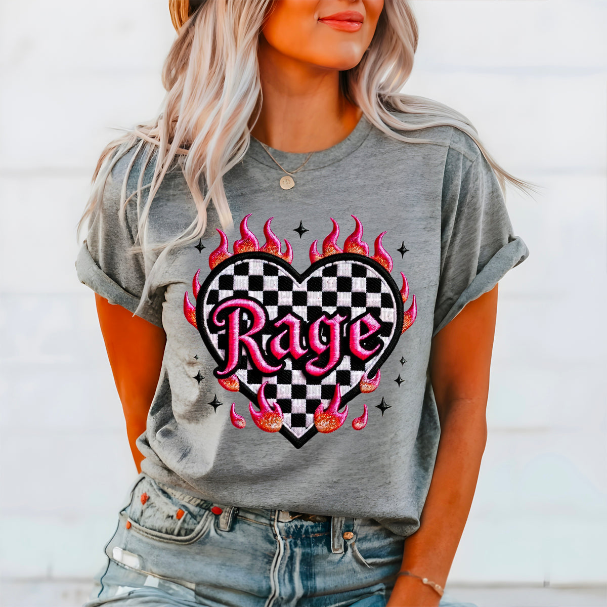 Rage pink font checkered heart 90308 DTF transfer