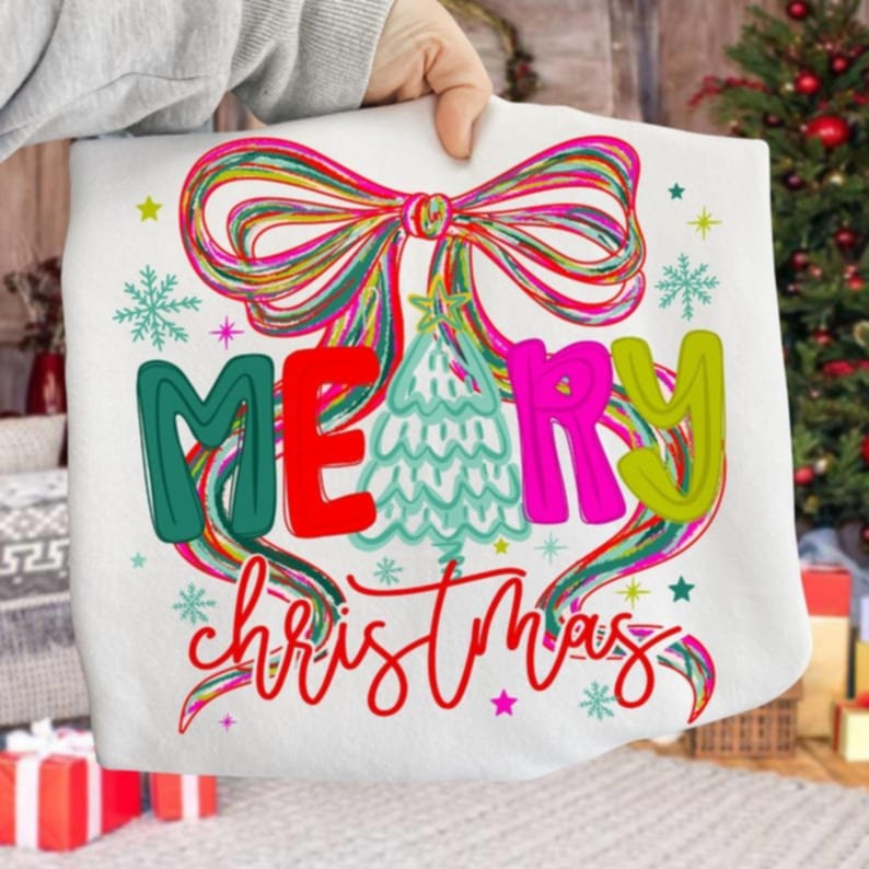 Merry Christmas with mint tree and bow DTF transfer