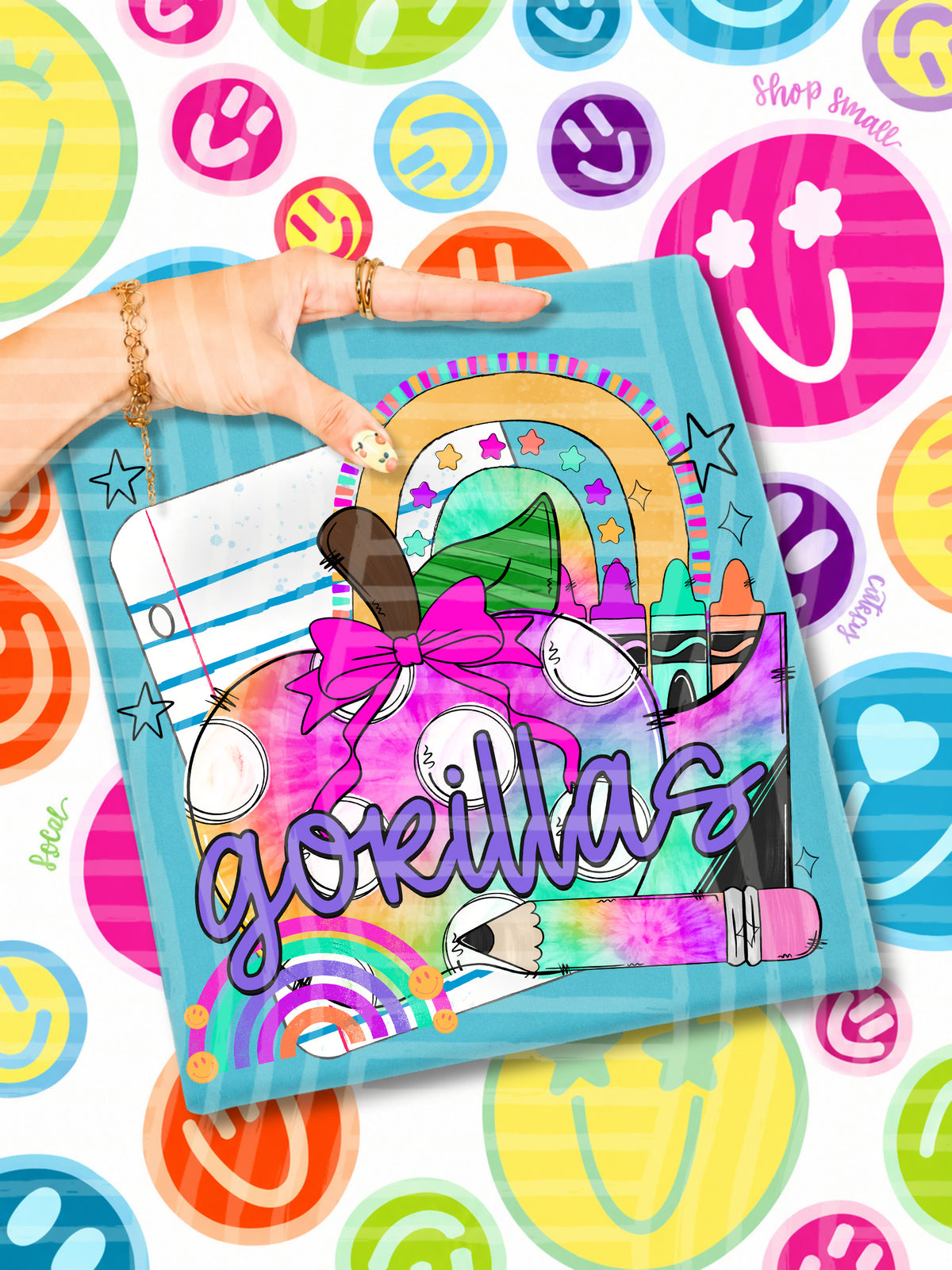 gorillas tie dye apple with white dots and school stuff (CAPLINGER) DTF Transfer