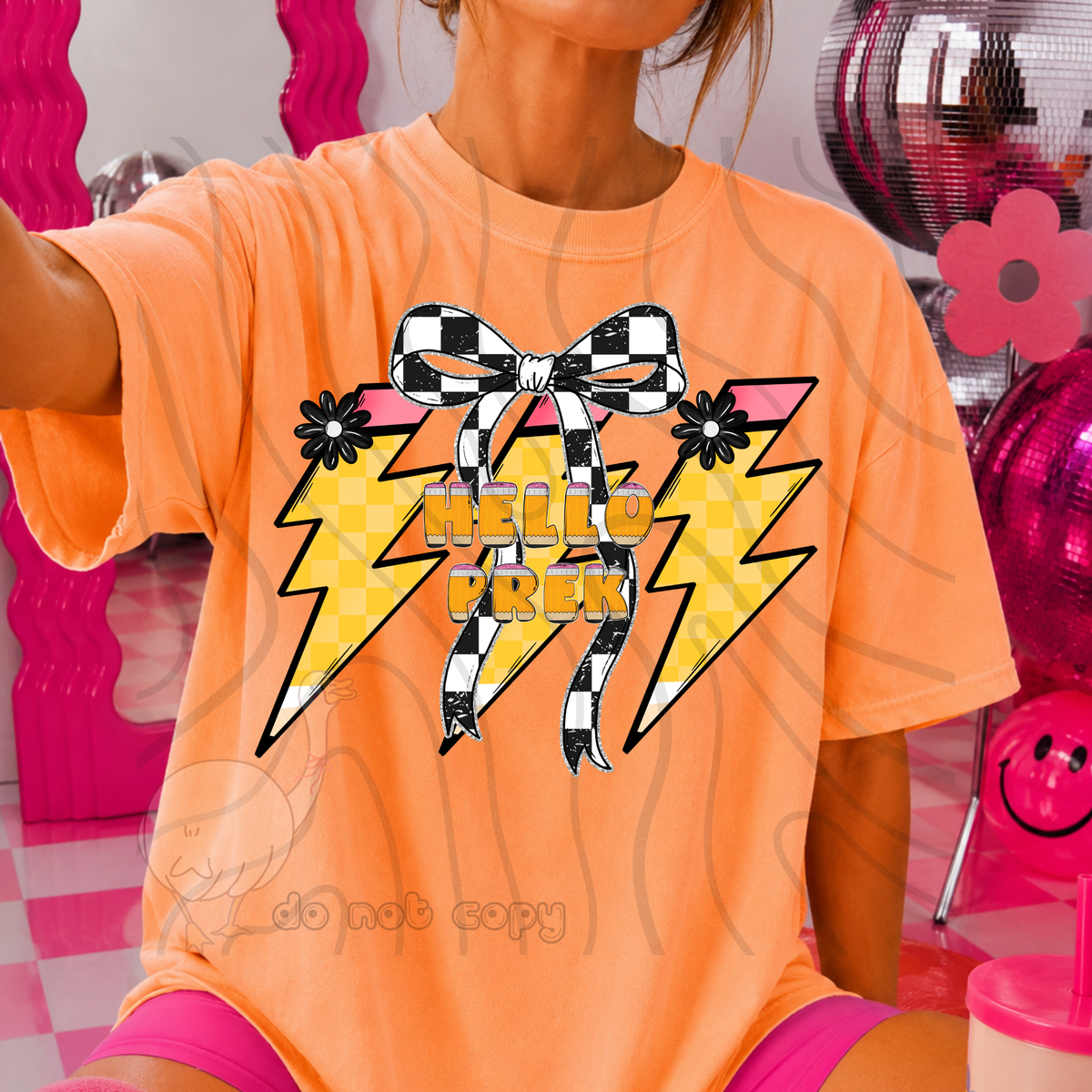 hello pre k 50 lightening bolt black/white bow occupation (dkdbk) DTF transfer