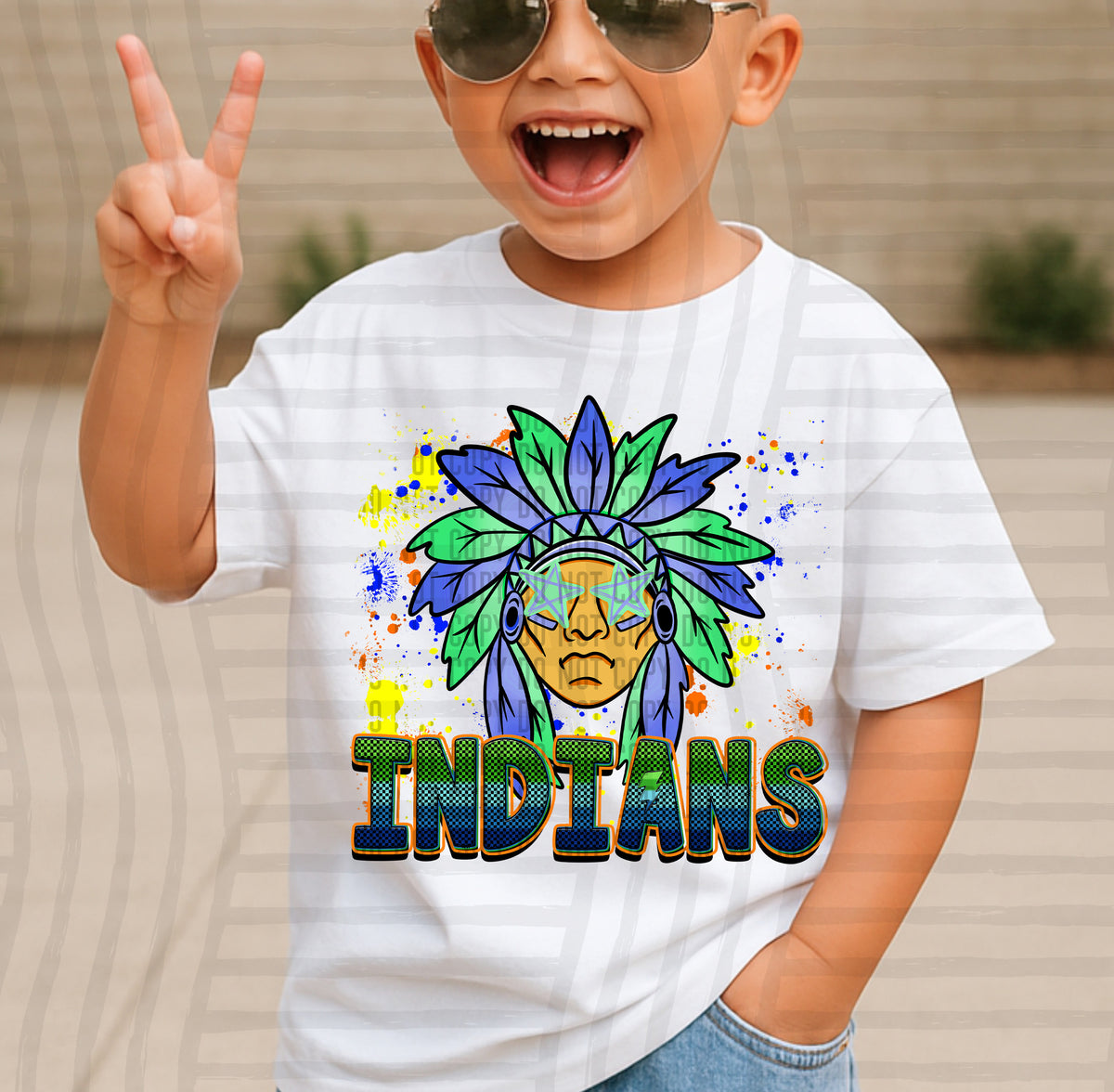 indians paint splatter boy blue green and yellow (Caplinger) DTF Transfer