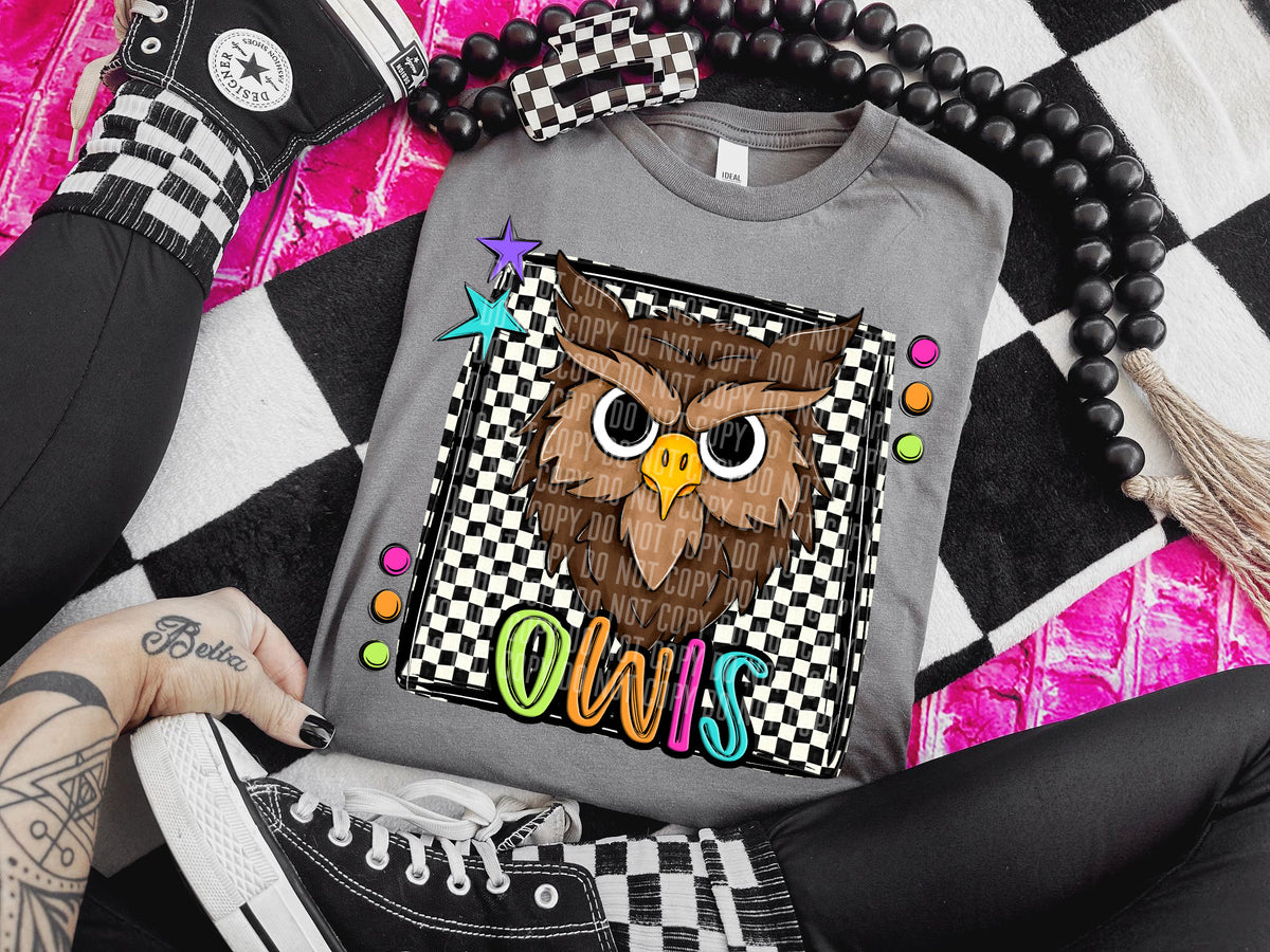 Checkered Preppy Bright Owls Brown (Caplinger) DTF transfer