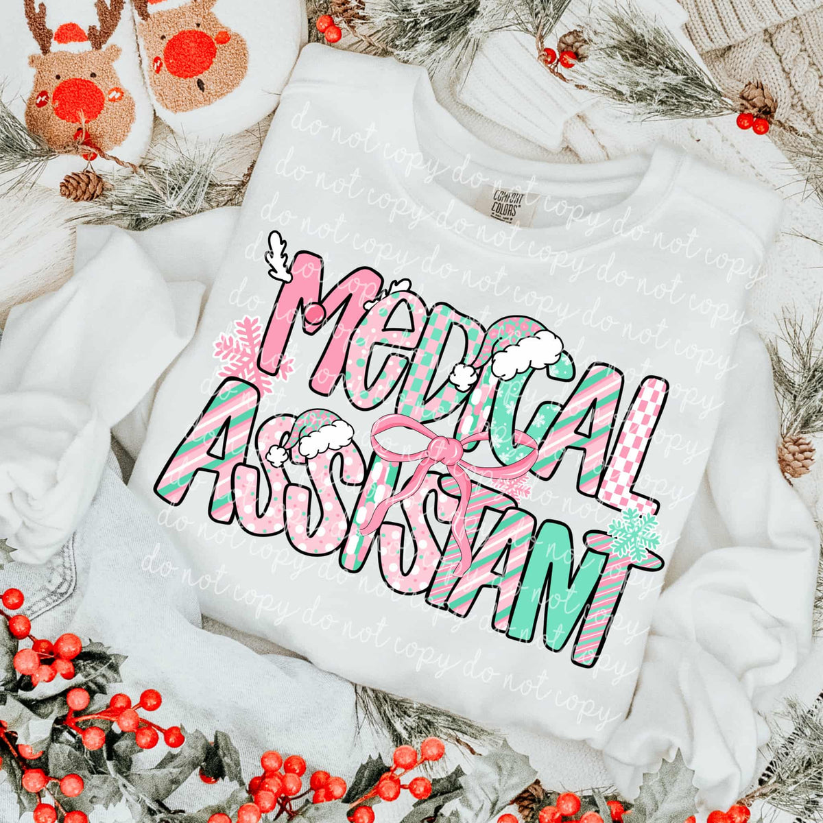 Medical Assistant Mint and Pink Christmas letters DTF transfer