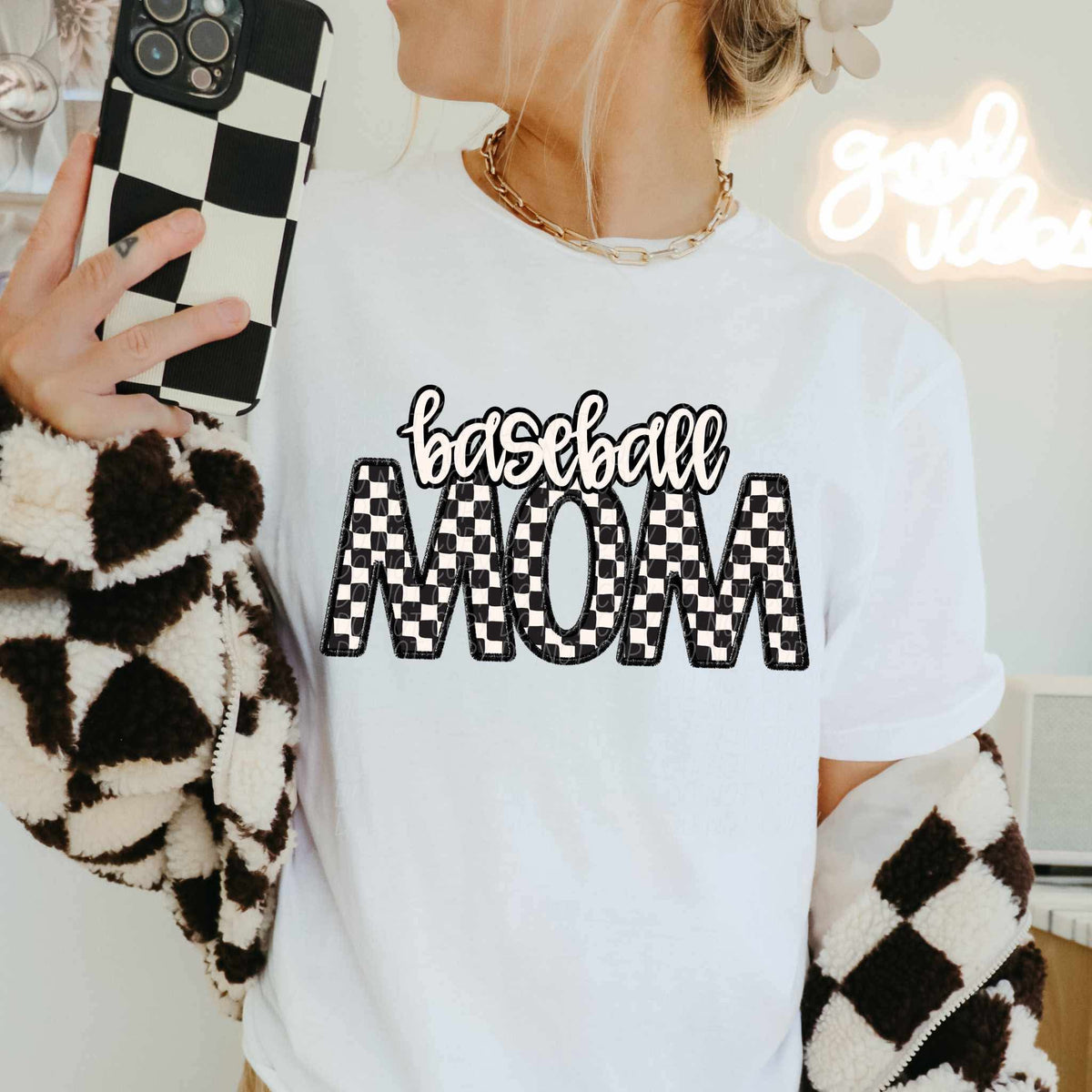 Baseball mom checkered city DTF transfer
