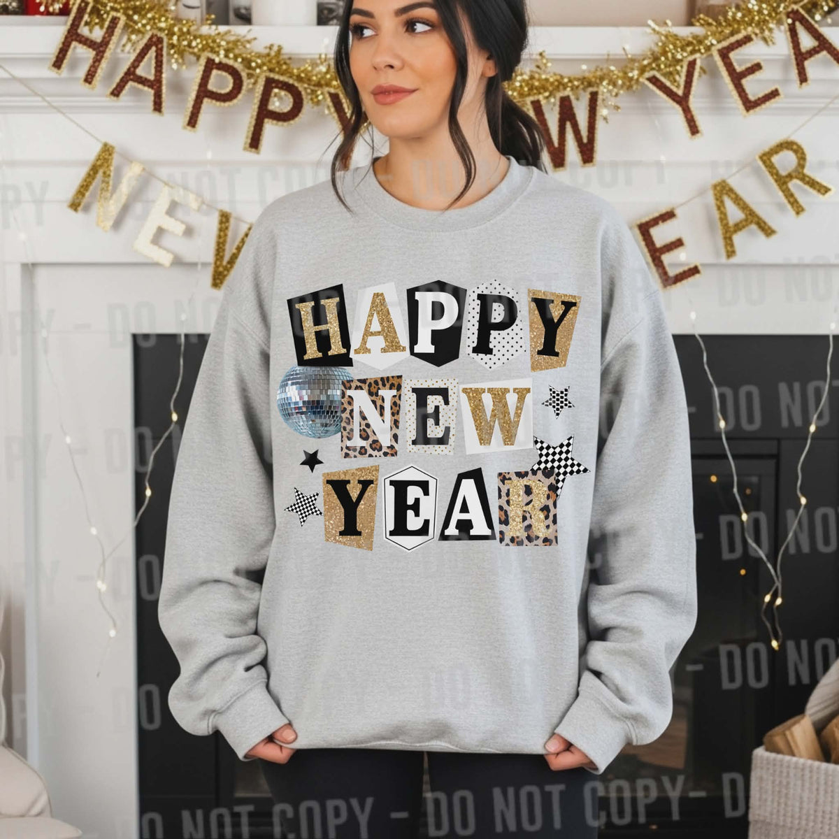 Happy New Year magazine font gold (parker) DTF transfer
