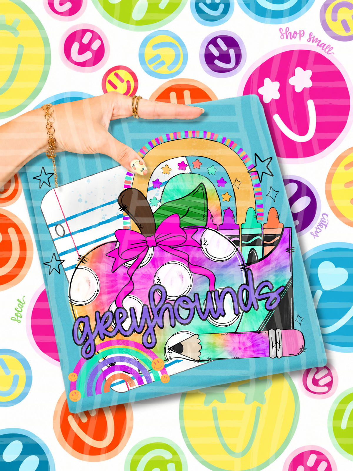 grey hounds tie dye apple with white dots and school stuff (CAPLINGER) DTF Transfer