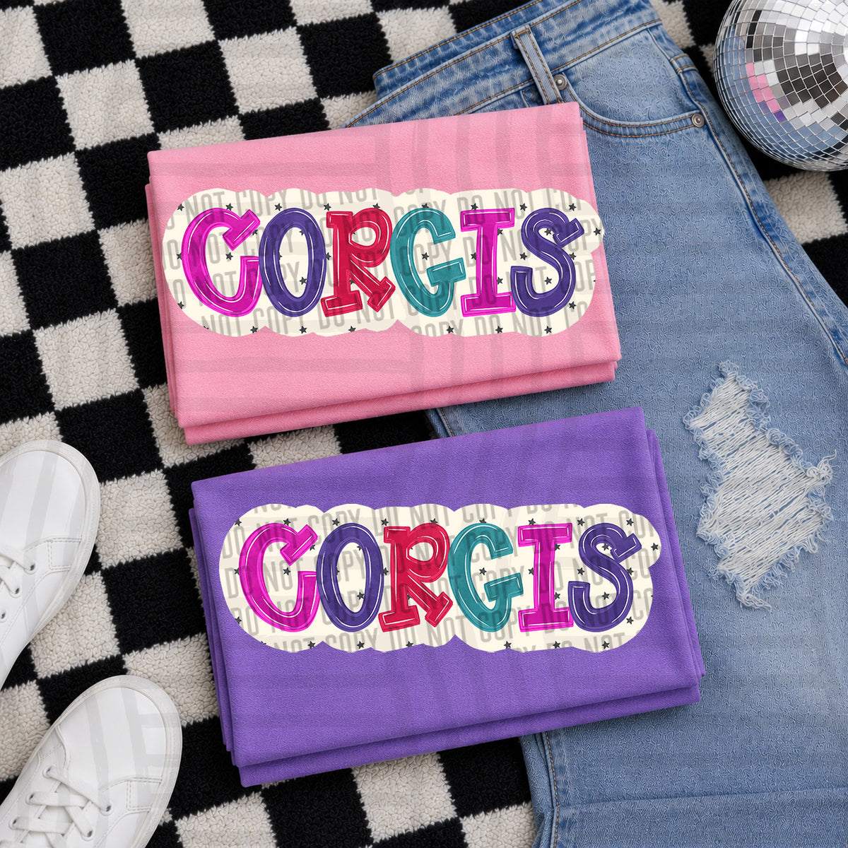 corgis bubble around letters with small stars (Caplinger) DTF Transfer