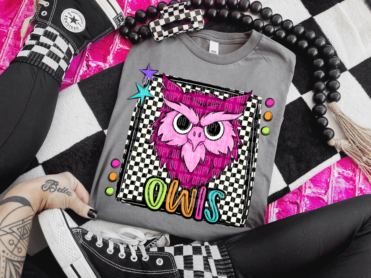 Checkered Preppy Bright Owls Pink (Caplinger) DTF transfer