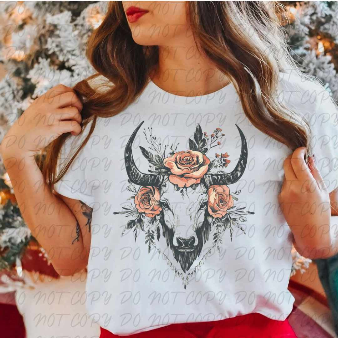 Bull skull pink flowers (vintage) 67361 DTF transfer