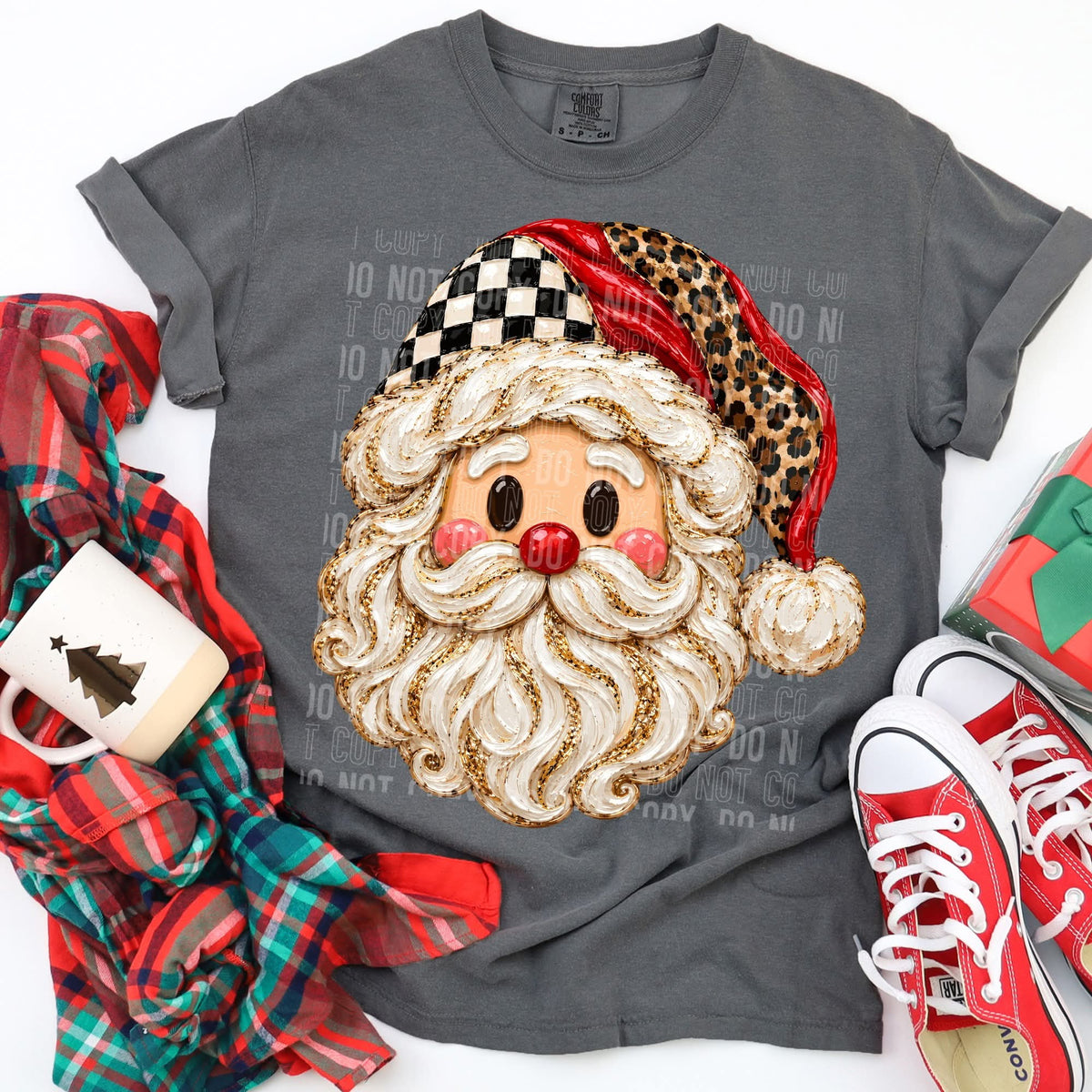 Santa faux painted with checkered and leopard hat (SBB) DTF Transfer