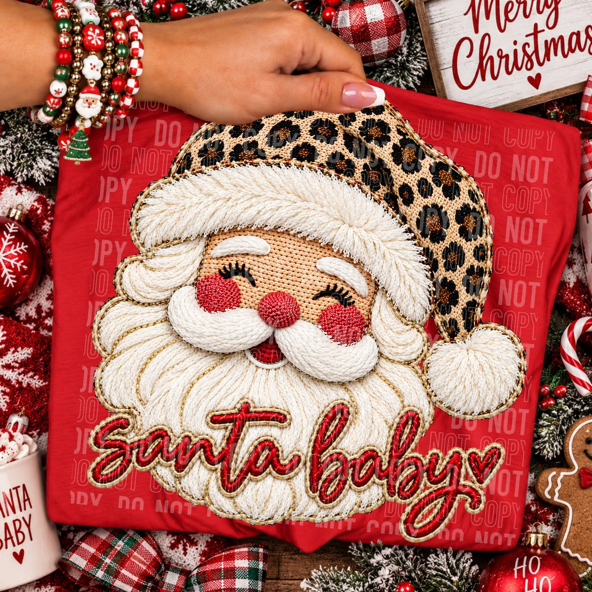 Santa baby faux embroidery leopard hat (SBB) DTF Transfer